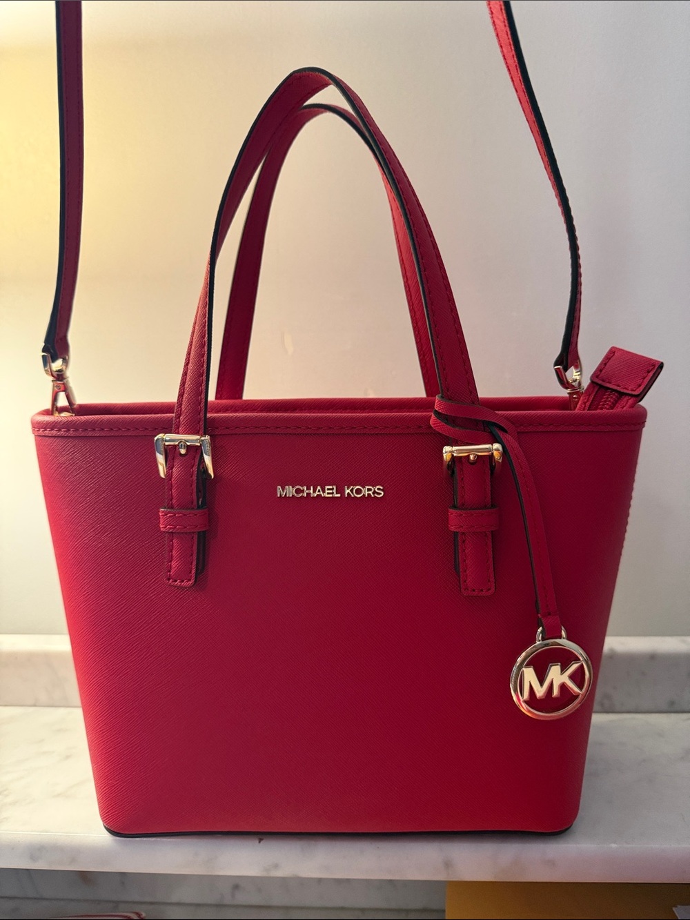Michael Kors Red Saffiano Satchel with Gold Hardware